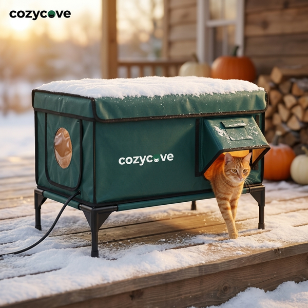 CozyCove on a snowy porch with a cat inside